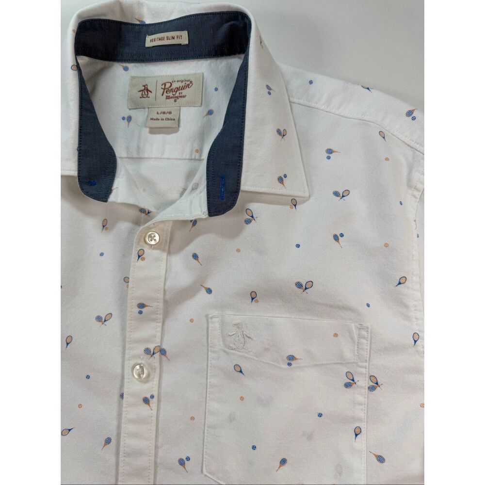 Original Penguin Heritage Slim Fit Tennis Print Button Down Shirt Size Large